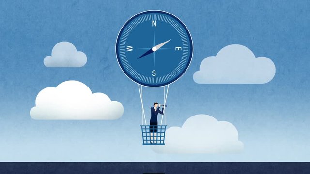 Businesswoman look through a telescope in compass air balloons, business vision concept.