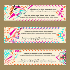 Vector set of colorful horisontal banners for business and invitation. Abstract geometric ornaments. Native american indian motifs