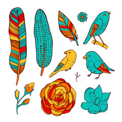 Bright hand drawn floral vintage doodle set with birds and flowers