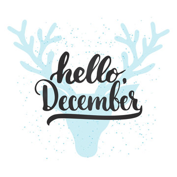 Hand drawn typography lettering phrase Hello, December isolated on the white background with deer head silhouette. Fun brush ink calligraphy inscription for winter greeting card or print design.