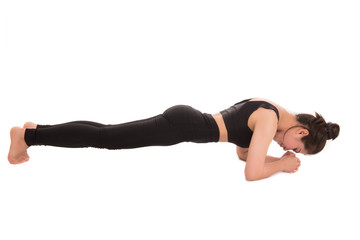 Asian woman doing a planking pose isolated on white background.