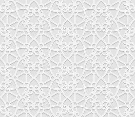 Seamless 3D white pattern, arabic geometric  pattern,  indian ornament, persian motif,  vector. Endless texture can be used for wallpaper, pattern fills, web page  background,  surface textures.