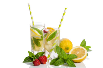 Two glasses  with  lemonade . Lemon and mint, strawberry isolate