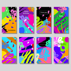 Set of artistic colorful universal cards. Wedding, anniversary, birthday, holiday, party. Design for poster, card, invitation. 