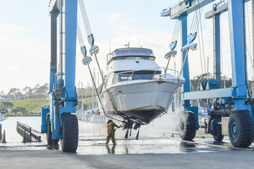Fototapeta premium boat lift out of the water
