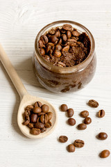 handmade coffee-cocoa scrub on wooden background close up