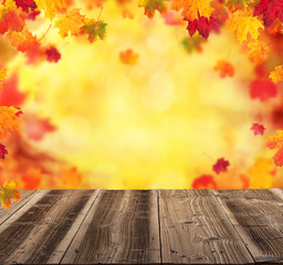 Naklejka na ściany i meble Abstract blur autumn background with wooden planks