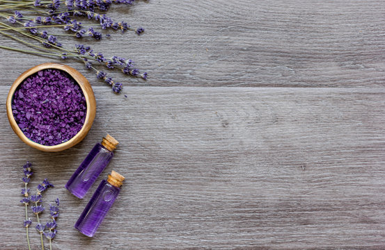 Essential Oil And Lavender Salt With Flowers Top View