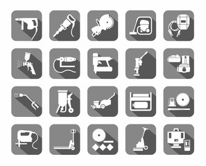 Construction tools, consumables, icons, gray, flat. White, vector image equipment for construction and repair on gray background with shadow.  