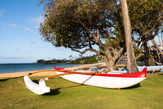 Polynesian Outrigger Canoe On The Beach