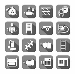 Electrical equipment and building inventory, the icons are flat, gray. White, vectors, electrical, gas and construction equipment on a gray background with shadow. 