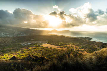 Sunrise light over Diamon Head crater Honolulu  Hawaii