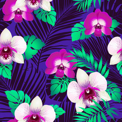 Tropical seamless pattern with palm leaves and flowers. Vector illustration. 