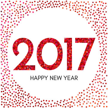 Happy New Year 2017 label with red confetti. New Year and Xmas Design Element Template. Vector Illustration.
