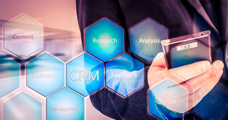 business, technology, internet and customer relationship management concept. Businessman pressing...