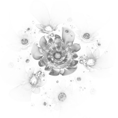 Abstract monochrome flowers on white background. Fantasy black and white fractal design for posters or t-shirts. Digital art. 3D rendering.