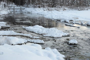 Winter landscape with a stream and snowy shores