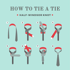 Instructions on how to tie a tie on the turquoise background of the eight steps. Half-Windsor knot . Vector Illustration.