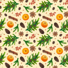 Watercolor Christmas pattern with fir branches, red berries, fir cones, orange, cinnamon, anise, watercolour hand painted seamless Christmas background for greeting card, web, paper, wrapping, party