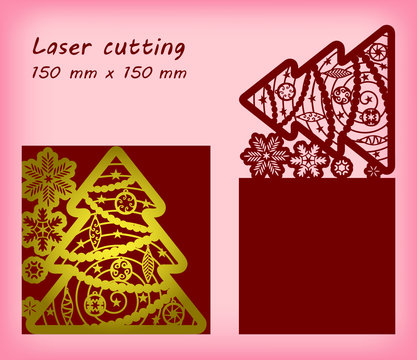 Laser cutting template with snowflakes, christmas tree and christmas tree toys. For greeting cards, invitations. Size 150 mm x 150 mm. Vector illustration.