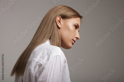 Woman From Backside With Ideal Straight Hair Stock Photo And