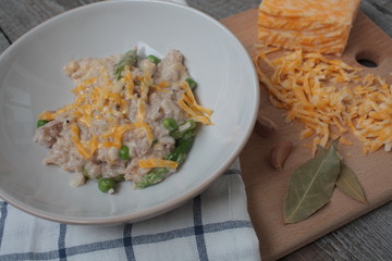 hot risotto with cheese, cream sauce and garlic. hot European dish.
