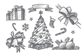 Vector hand drawn Christmas concept sketch. Holiday present boxes, ribbon, fir-tree with decoration and gifts, bow, jingle bells, magic wands, snowflakes, sock, stars and glass balls isolated