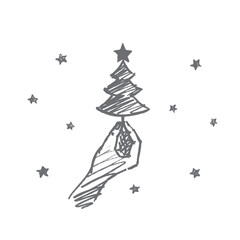 Vector hand drawn Christmas concept sketch. Human hand holding small decorated fir-tree with star on top