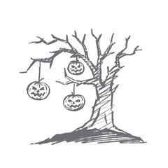 Vector hand drawn Halloween concept sketch. Three Pumpkins with scary human faces hanging on macabre old dry tree twigs