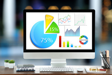 Modern workplace at office. Business presentation on monitor screen.