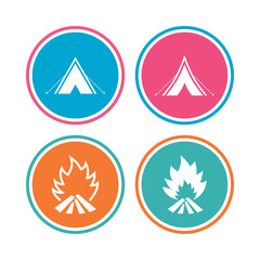 Tourist camping tent signs. Fire flame icons.