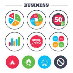 Tourist camping tent sign. Fire flame icons.