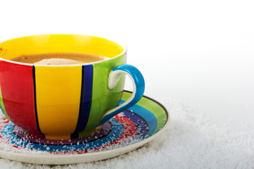 Hot chocolate in a bright colourful cup