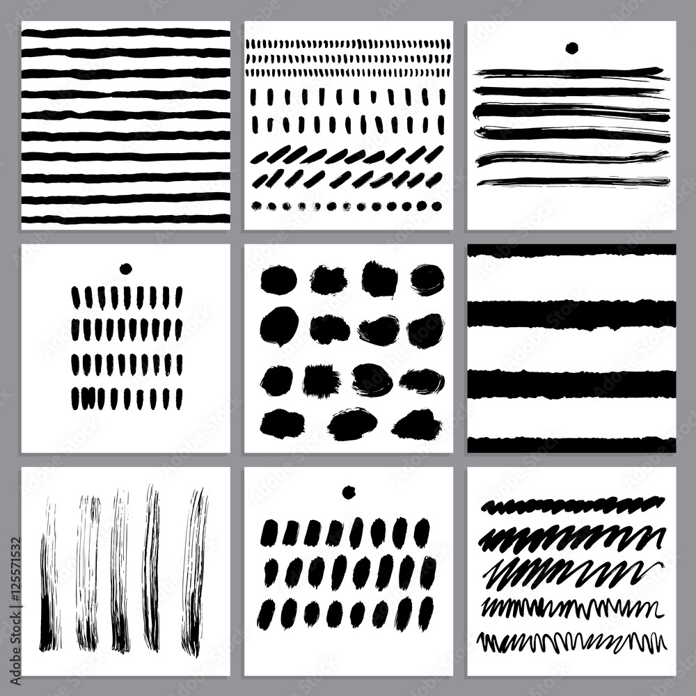 Poster vector set of ink lines, stains, blots, prints. collection of hand drawn elements creating by brushe