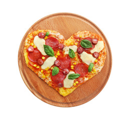 Wooden plate with heart-shaped pizza isolated on white
