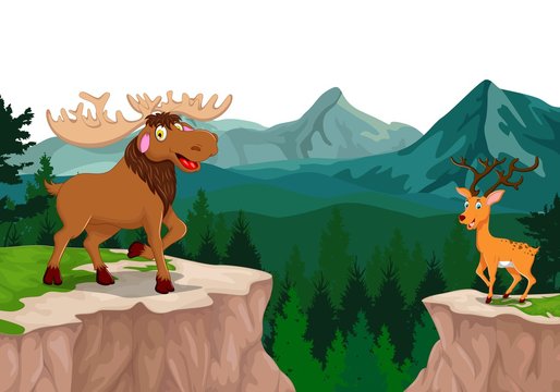 funny moose and deer cartoon with mountain cliff landscape background