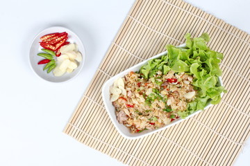 Fried garlic rice with minced pork served  spicy filling side dish.