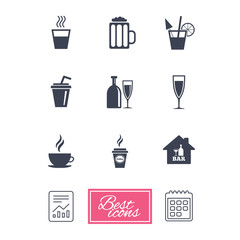 Cocktail, beer icons. Coffee and tea drinks.
