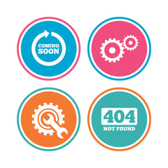 Coming soon icon. Repair service tool and gear.