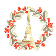 Eiffel tower isolated over the white background. Eiffel tower symbol with Euphorbia flowers isolated over white background. The christmas star card. Vector illustration.