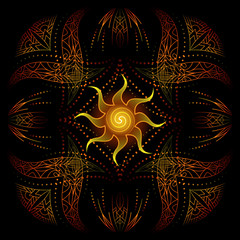 decorative corners, red yellow psychedelic floral geometric ornamental frame, stylized sun, black background, use opacity mask, vector EPS 10
