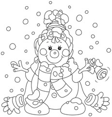 Funny snowman friendly smiling and ringing a small bell, wearing a scarf, a cap and mittens