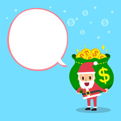 Cartoon santa claus carrying money bag with white speech bubble