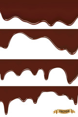 Set of melted chocolate dripping on white background