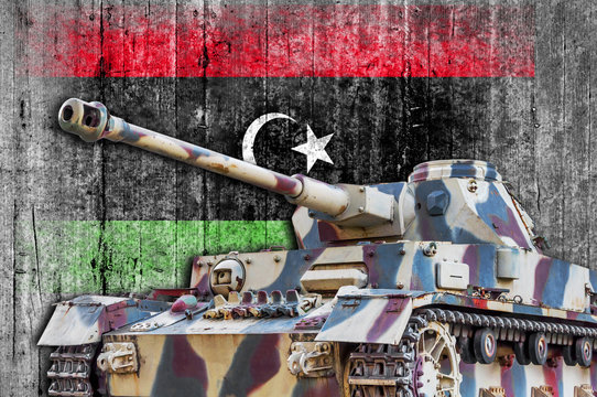 Military tank with concrete Libya flag