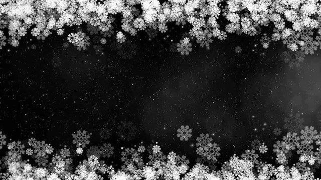 Christmas frame. Winter card with glowing snowflakes, stars and snow on top and bottom. Computer generated seamless loop abstract background.