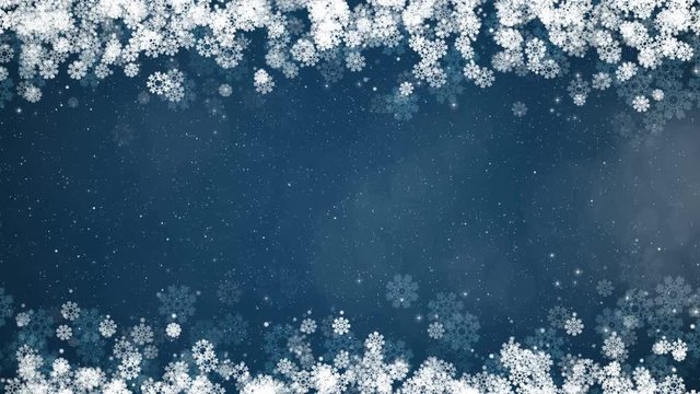 Christmas frame on blue. Winter card with glowing snowflakes, stars and snow on top and bottom. Computer generated seamless loop abstract background.