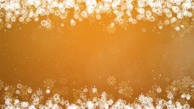 Christmas frame on gold. Winter card with glowing snowflakes, stars and snow on top and bottom. Computer generated seamless loop abstract background.