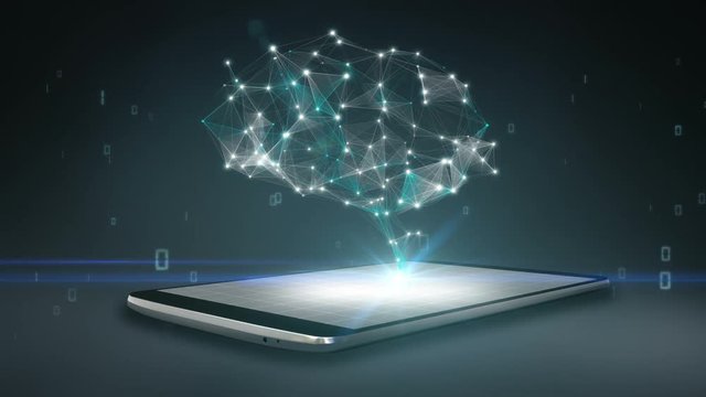 Brain connect digital lines on smartphone, mobile smart pad, grow artificial intelligence