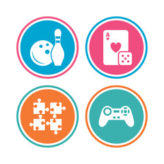 Bowling and Casino signs. Video game joystick.